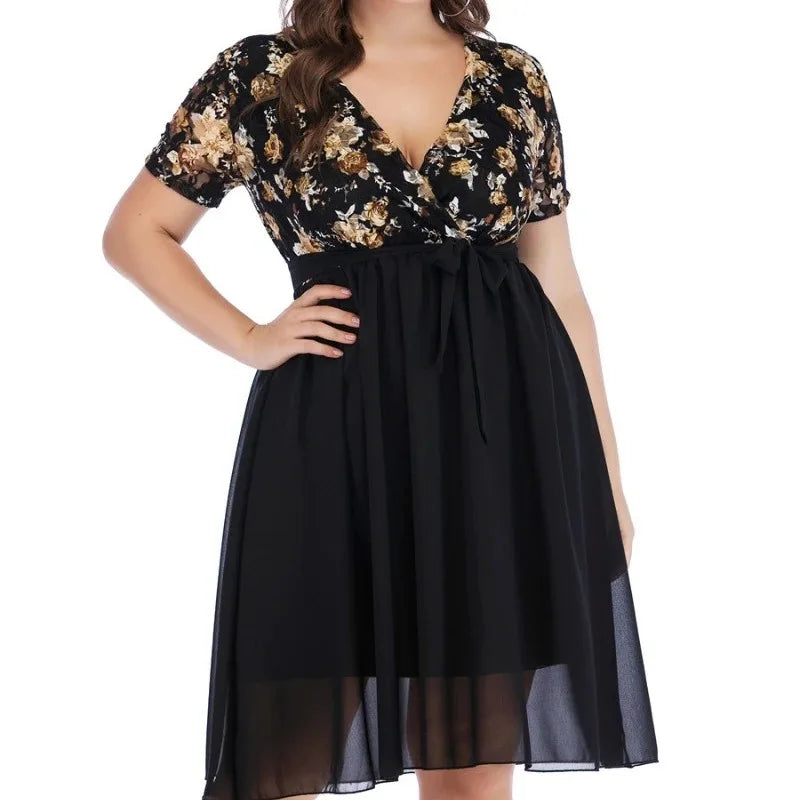 qgtao Plus Size Loose Floral Print Dress V Neck Short Sleeve High Waist Lace Up Perspective Mesh Splicing Elegant Vestido Feminino