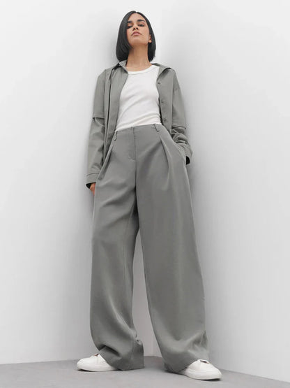Mnealways18 Classic Grey Pleated Pants Woman 2024 Vintage Outfit Spring Baggy Pants Office Trousers Pocket Wide Leg Pants Ladies