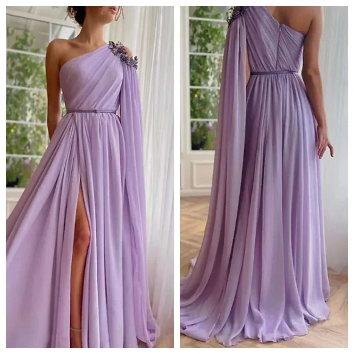 qgtao Purple Chiffon One Shoulder Sleeve Evening Dress Luxury Lilac Floor-Length  A-Line Elegant Formal Party Dress Women Prom Gown