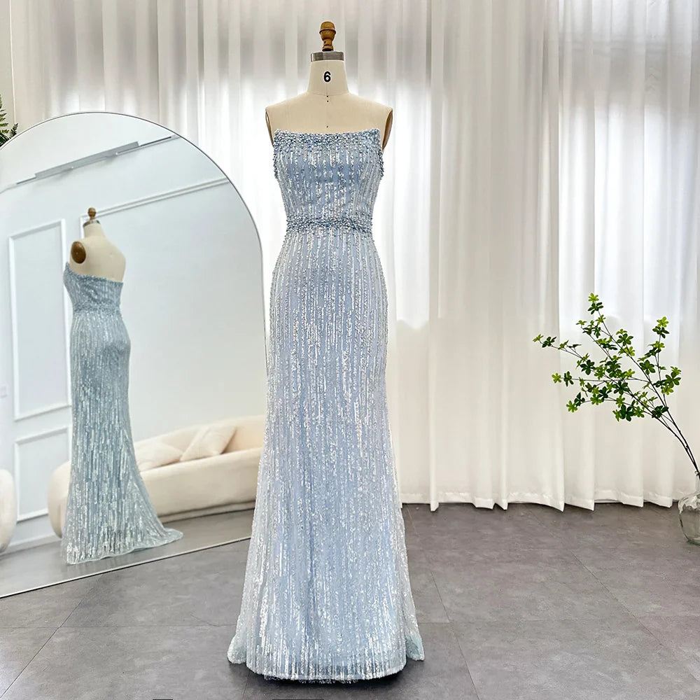 Light Blue Pearls Luxury Dubai Evening Dresses Elegant Strapless Arabic Women Wedding Party Formal Gowns