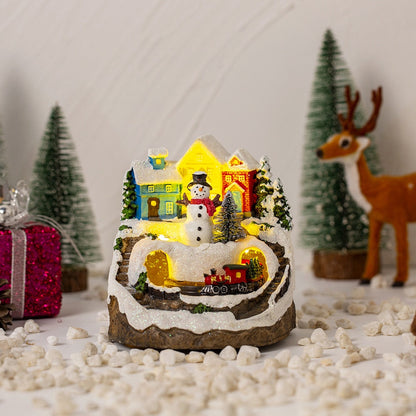 Christmas House Village Music Led Glow Rotating Train Snowman Santa Building Cabin Resin Crafts Xmas Holiday Ornament Home Decor