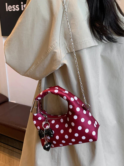 qgtao Women Fashion Round Dot Chain Crossbody Bag  Autumn Winter New Bow Decor Handbag Female Nylon Zipper Style Design Shoulder Bag