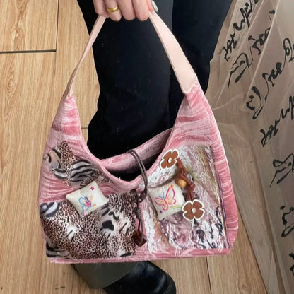 qgtao Y2k Vintage Tote Bag Aesthetic Patchwork Fashion Chinese Style Leopard Print Shoulder Bag Original Designer Ladies Handbag
