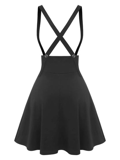 qgtao Plus Size Fashion Buttons Suspender Skirts Women Black Pleated Lace Up Basic Corset Flare Skirt Knee-Length Casual Skirt