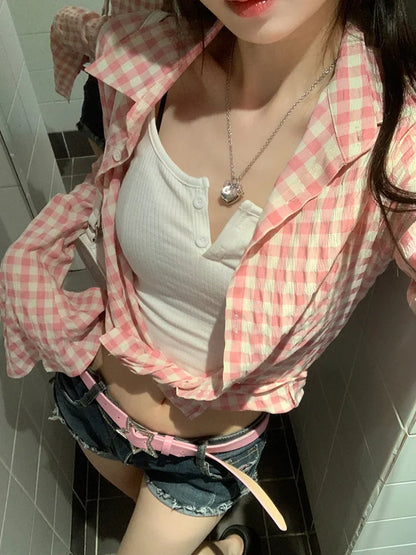 qgtao  -  Y2k Pink Plaid Women Shirts Check Graphic Long Sleeve Blouses Female Spring Autumn Sexy Slim Button Up Cardigan Chic Ins