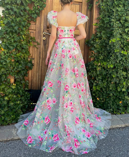 Handmade Sweet Prom Dress Luxury Lace Embroidery Evening Dress Short Sleeve A-line Prom Gown