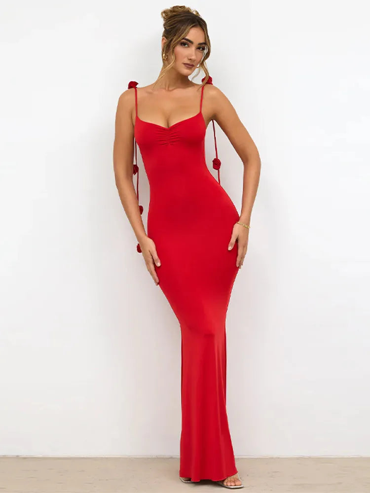 qgtao Sexy Hanging Neck Hollow Out Red Maxi Dress Sexy Off Shoulder Backless Slim Dresses 2024 Summer Street Nightclub Partywears