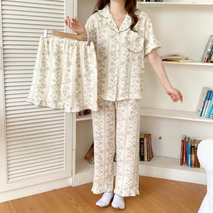 qgtao Pajamas Women's Bubble Cotton Three Piece Cardigan Short Sleeve Long Pants Shorts Fashion Simple Cute Printed Home Furnishing Sleepwear