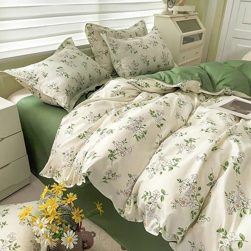 Yeknu - Floral Printed Duvet Cover Set with Sheet Pillowcases Warm Cute Cartoon Bed Linen Full Queen Size Home Gift Bedding Set