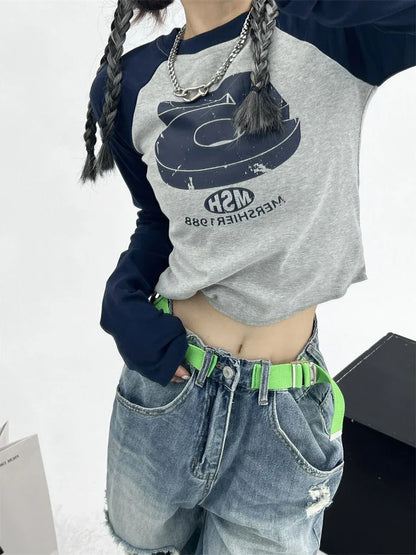 qgtao Y2K Patchwork Tshirts Women Vintage Letter Crop Tops Female O Neck Long Sleeve Top Ladies Fashion Casual Slim Tees Spring Autumn