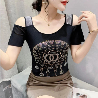 Runway Fashion European Women's Clothes Sexy Off Shoulder Letter Shiny Diamonds T-Shirts Luxury Brand Mesh Tees Tops Blouse