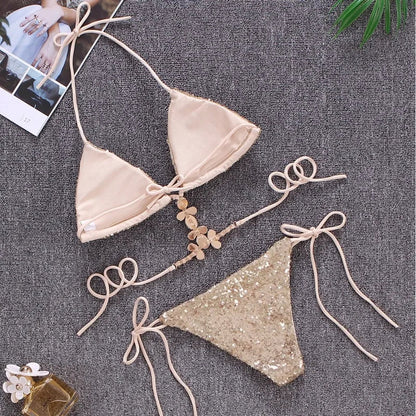 qgtao Shiny Sexy Bikinis Swimsuit With Rhinestones Women Swimwear Female Push Up Bikini Beach Swim Wear Bathing Suits Pool Bather 2024