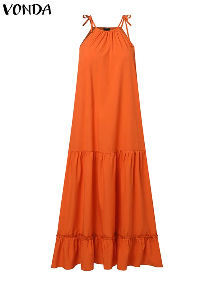 qgtao Plus Size 5XL VONDA Bohemian Women Sexy Halter Dress Summer Sleeveless Long Maxi Sundress Solid Color Loose Ruffled Party Robe