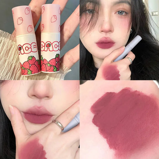 qgtao Lovely Strawberry Matte Liquid Lipstick Velvet Nude Red Lip Gloss Long Lasting Non-stick Cup Lip Mud Tint Cream Makeup Cosmetics