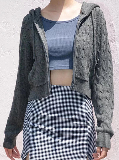 Solid Twist Knitted Hooded Cardigan Women Autumn Casual Cotton Ribbed Trim Zip-up Sweater Vintage Streetwear Cropped Tops Coat
