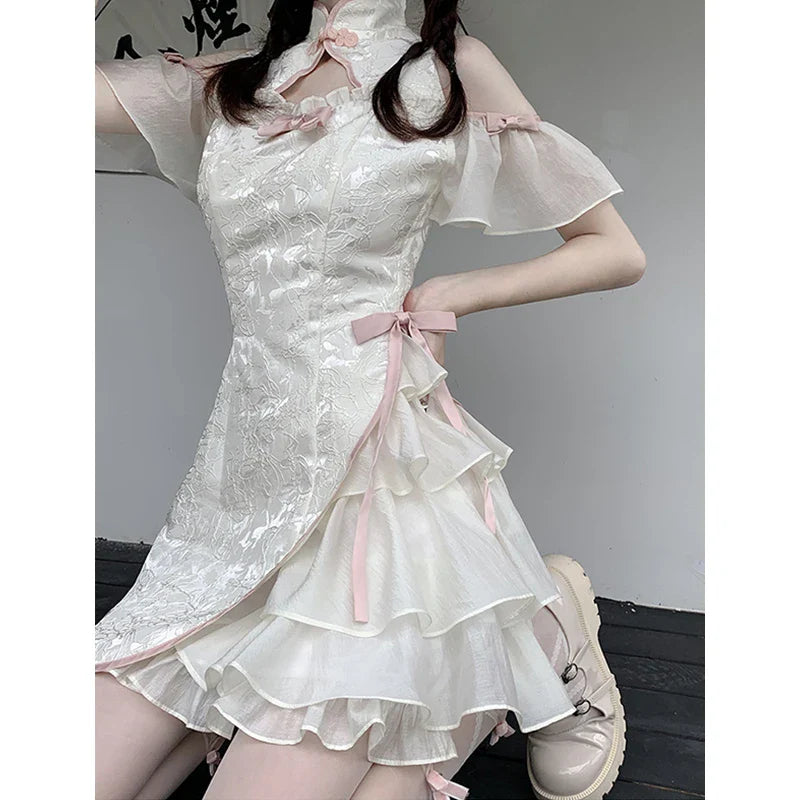 qgtao Vintage Chinese Style Cheongsam High Split Mini Dress 2024 Tie Dye Gothic Women Aesthetic Bandage Dresses Y2k Sexy Bodycon Robe