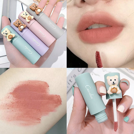 Velvet Matte Lipstick Blush Waterproof Long Lasting Cute Bear Lipgloss Non-Stick Cup Makeup Lip Tint Mud Cosmetic Makeup