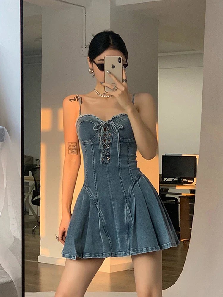 qgtao Women Denim Dress Hip Package Elastic Drawstring Lace Up Spaghetti Starp Mini Bodycon A-line Vestidos Sexy Streetwear Clothes