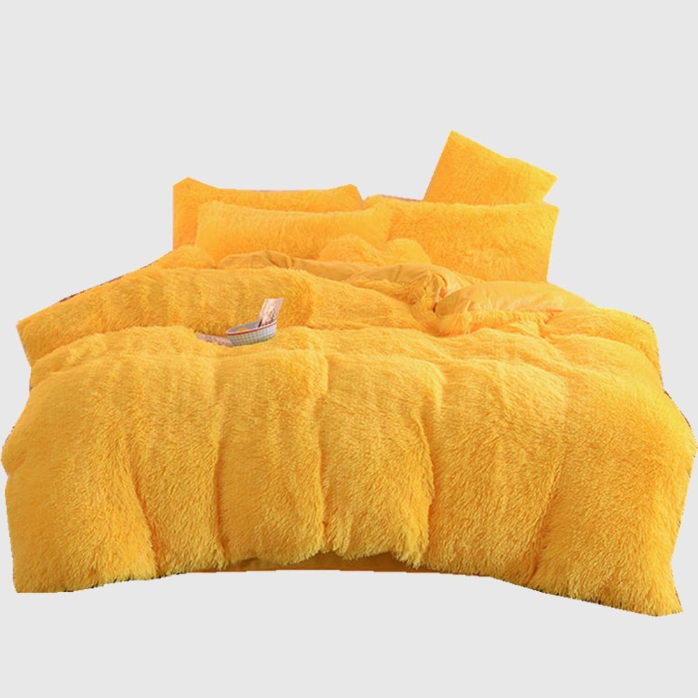 Yeknu 4pcs Autumn and Winter Warm and Thick Solid Color King Size Bedding Set Sheet Quilt Cover Pillowcase 220x240cm