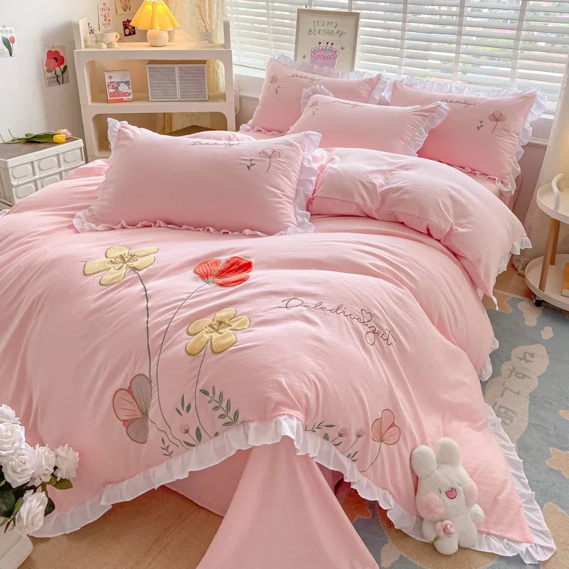 Yeknu Ins Korean Style Bedding Set with Ruffles Princess Duvet Cover No Filling Flat Sheet Pillowcases Kit Girls Blue Pink Solid Color