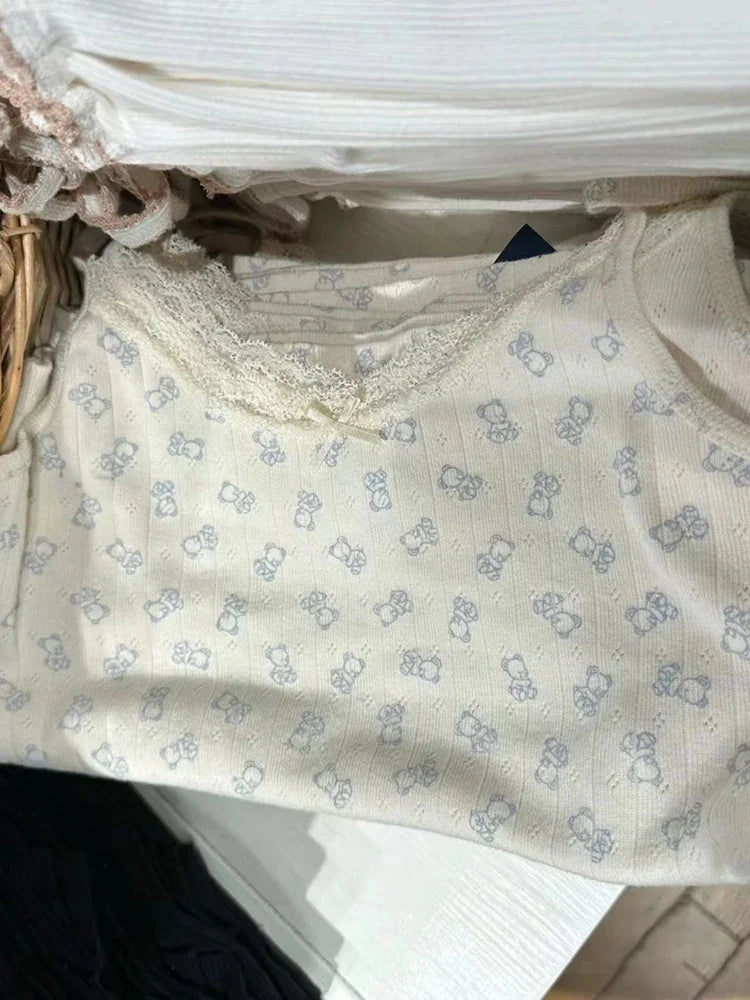 Little Bear Eyelet Cotton Vest Shorts Set Summer Sweet Bow Lace Camis Tops And Shorts Vintage Cute 2 Piece Sets Women Outfit New