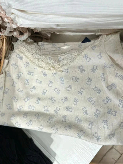 Little Bear Eyelet Cotton Vest Shorts Set Summer Sweet Bow Lace Camis Tops And Shorts Vintage Cute 2 Piece Sets Women Outfit New