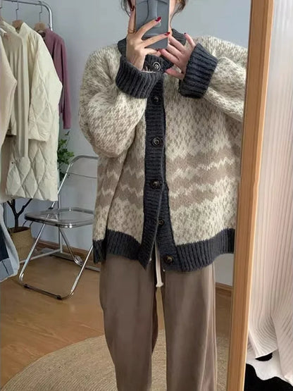 Vintage Jacquard Button Knitted Women Sweater Fashion Office Lady Style Warm Sweater Cardigan Sweet Girls Retro Knitwear