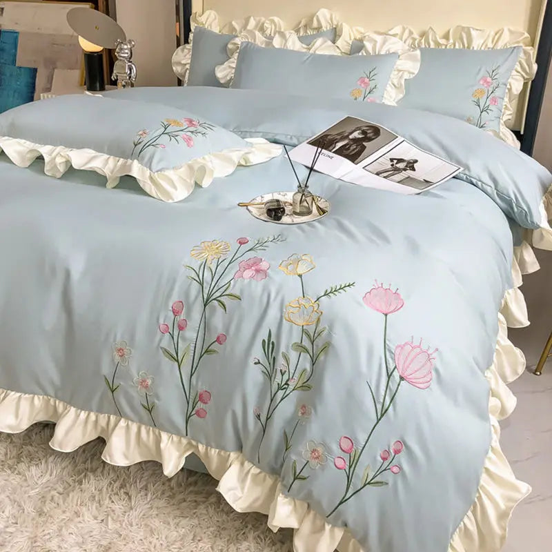 Yeknu Washed Cotton Embroidery Bedroom Four-piece Set Full Quilt Cover Princess Style Queen Bed Sheet King Bedding Three-piece Bedding