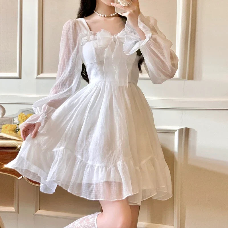 qgtao French Sweet Fairy Lolita Dress Women Long Sleeve Lace Y2k Mini Dress Vintage Kawaii Clothes One Piece Dress Korean 2023 Summer