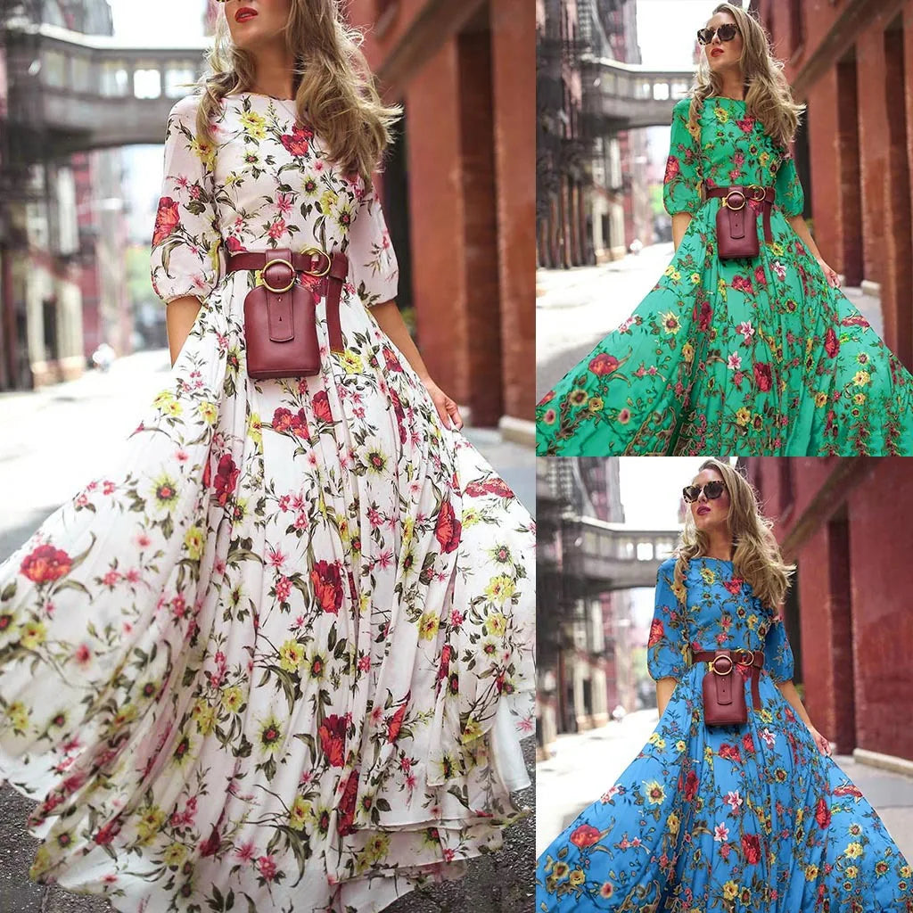 qgtao Spring Summer Vintage Flower Floral Print Maxi Dress Office Lady Fashion Elegant Long Sleeve O-neck Dresses For Women 2024