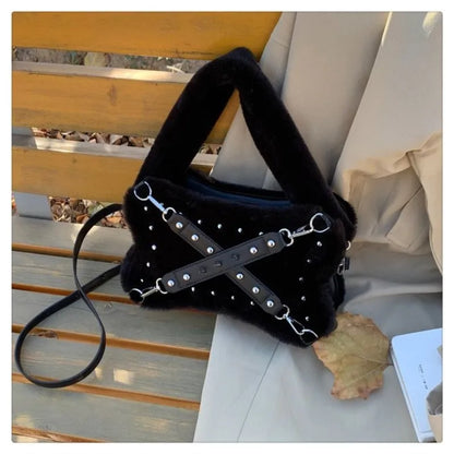 qgtao Gothic Rivet Plush Shoulder Bag Women Y2k Grunge Winter Subculture Messenger Bag Purse Ladies Harajuku Aesthetic Handbag