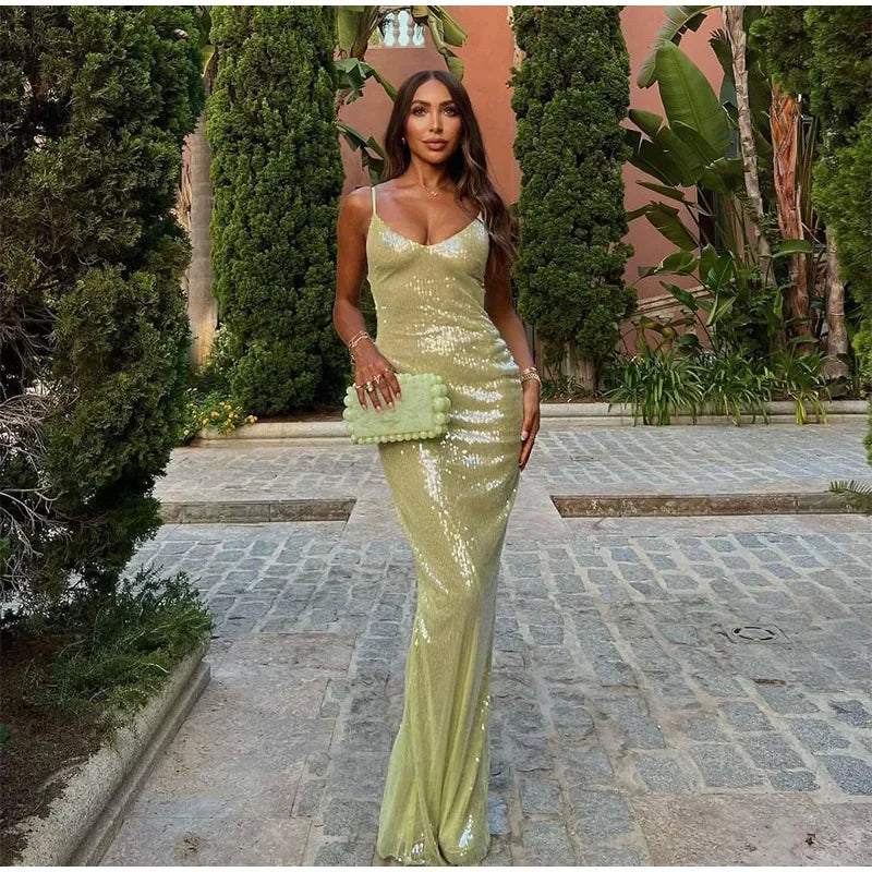 qgtao  Spring Summer Fashion Women Dresses Sequins Spaghetti Strap Sexy Sleeveless Backless Maxi Night Club Vestidos 2024