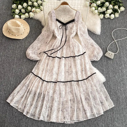 qgtao Elegant Floral Printed Midi Dresses for Women Lantern Sleeves Square Collar A-line Birthday Party Dress Autumn New Prom Robe