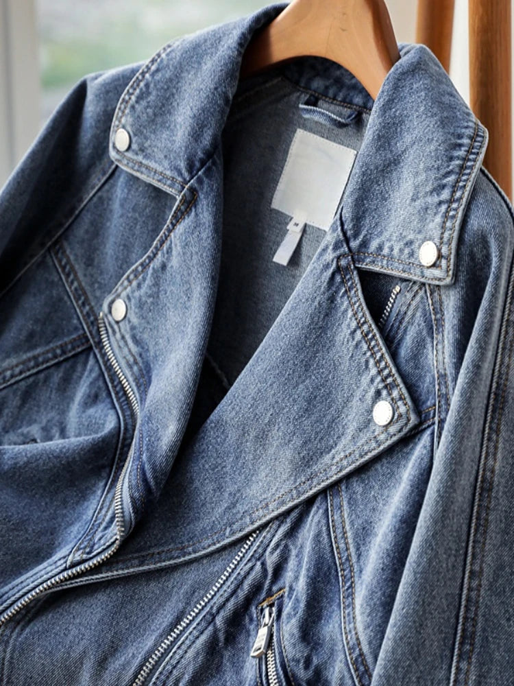qgtao  New Spring Autumn Motorcycle Denim Jacket Women Fashion Lapel Zipper Short Cowboy Streetwear Vintage Loose Coat Outwear