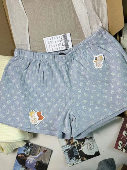 Little Bear Eyelet Cotton Vest Shorts Set Summer Sweet Bow Lace Camis Tops And Shorts Vintage Cute 2 Piece Sets Women Outfit New