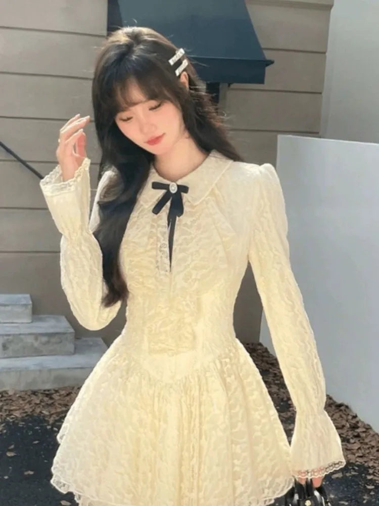 qgtao French Vintage Princess Lace Mini Dresses for Women Bow Flare Sleeves Ruffles A-line Birthday Party Kawaii Mini Vestidos New