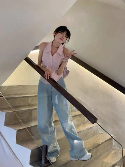 qgtao  -  Vintage Women Sleeveless Halter Polo Shirts Summer Y2k Pink Button Up Blouse Female Casual Slim Office Lady Clothes Chic