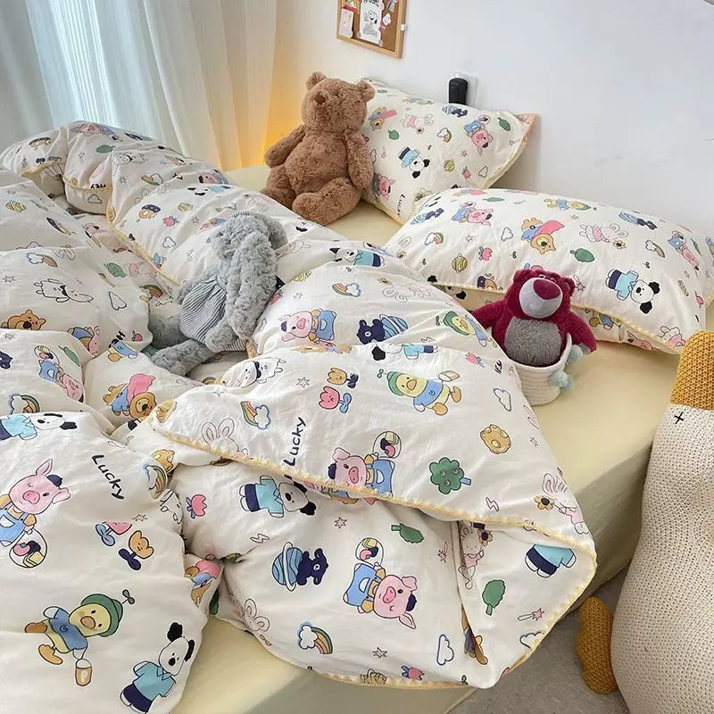 Yeknu Bedding Set Flora INS Girls 4 New Tulip Rabbit Double-layer  Bed Set Of Four Pieces Washing Cotton Bed Sheets Duvet Cover Set