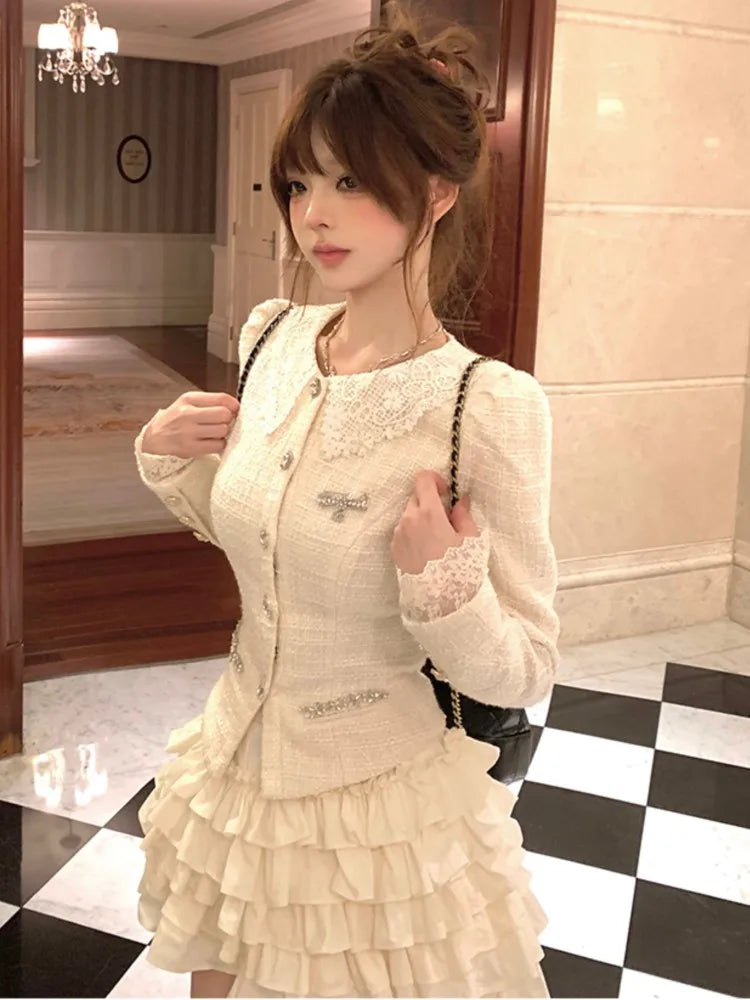 qgtao French Vintage 2-piece Set Tweed Lace Patchwork Single Breasted Coat Ruffles Cake Mini Skirt Korean Fashion Autumn Outfits New