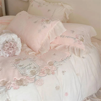 Yeknu French Romantic Bedding Set Luxury Flower Embroidery Princess Pink Ruffle Milk Velvet Quilt Duvet Cover Bed Sheet Set Bedclothes