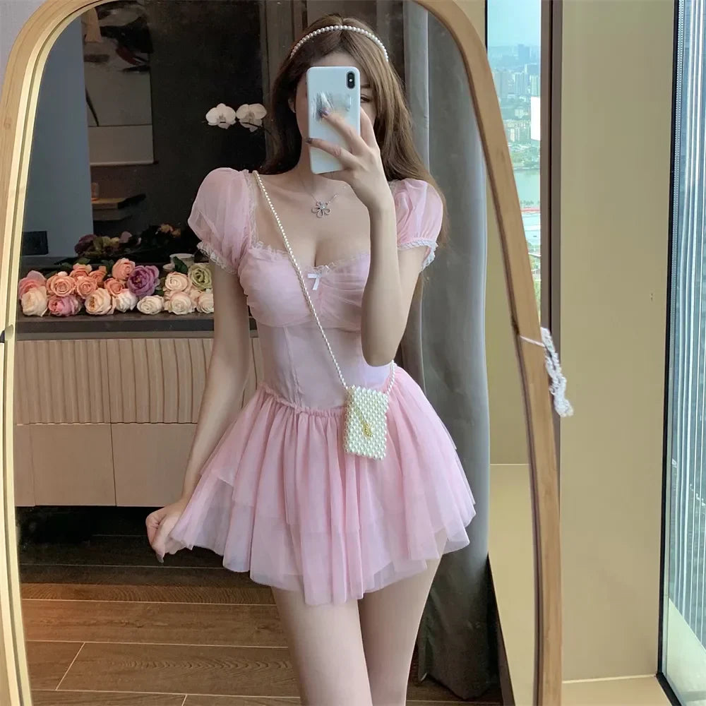 qgtao Korean Party Mini Sexy Dress Female Summer High Waist Elegant Kawaii Dress Female Short Sleeve Design Sweet Casual Dress 2024