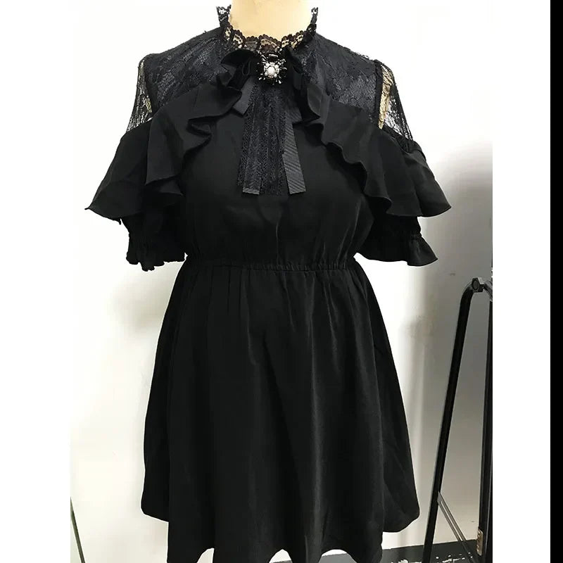 qgtao Kawaii Women Dress Lolita Y2K Cute Japanese Style Elegant Short Sleeve Black Sweet Casual Office Lady Aesthetic Mini Dress 2024