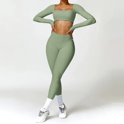 qgtao Yoga Set 2PCS Women Gym Long Sleeve Seamless Sportswear Workout Clothes Athletic Wear Legging Fitness Bra Crop Top Sports Suits
