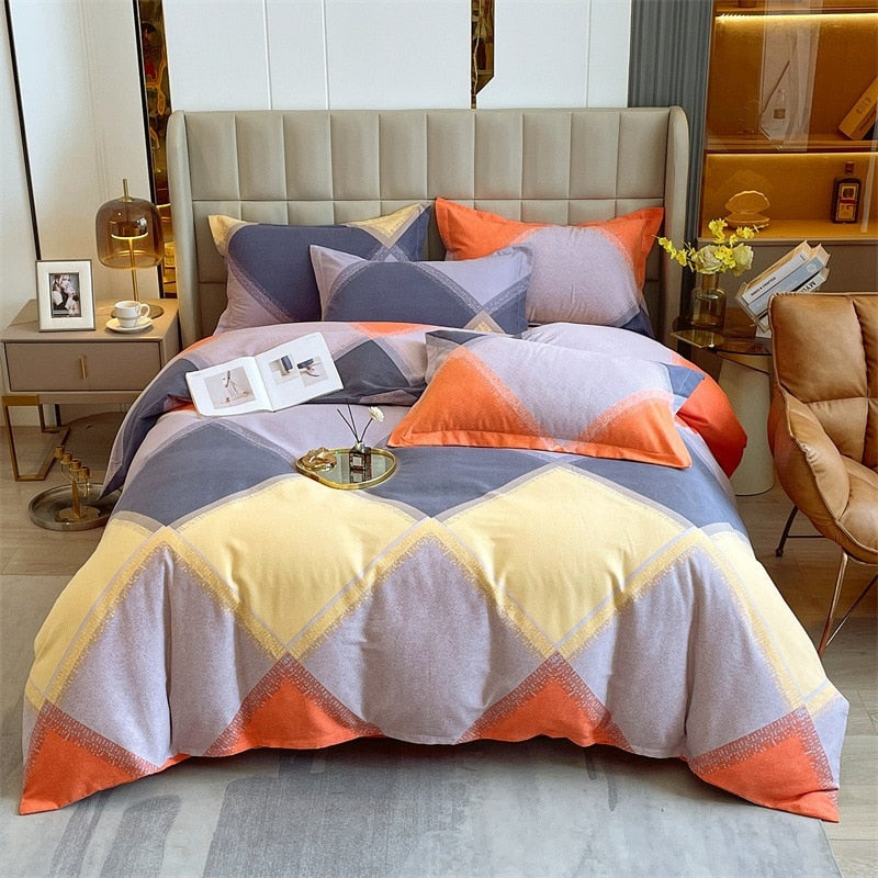 Yeknu 4pcs Autumn and Winter Thickening Soft Bedroom Bedding Set Home Textile Geometric Pattern Sheet Quilt Cover Pillowcase