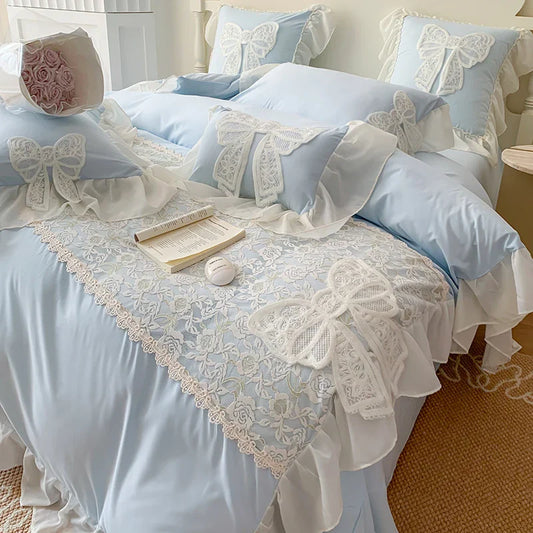 Yeknu Korean Princess Bedding Set Lace Bow  Beauty Solid Color Lace Ruffle Quilt Cover Luxury Girls Wedding Home Textiles Duver Cover