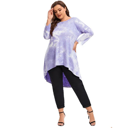 qgtao Plus Size Long Sleeve Elegant Tie Dye Tunic Tops Long Loose Autumn Hi Low Swing Blouse T-shirt Plus Size Clothing Women 6XL 7XL