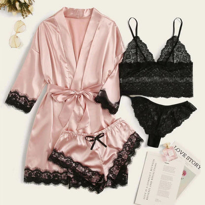 qgtao Woman Sleepwear 4pcs Floral Lace Trim Satin Pajamas Set with Robe Sexy Faux Silk Pijamas Robe Sets Casual Home Clothes Nightwear sleepwear