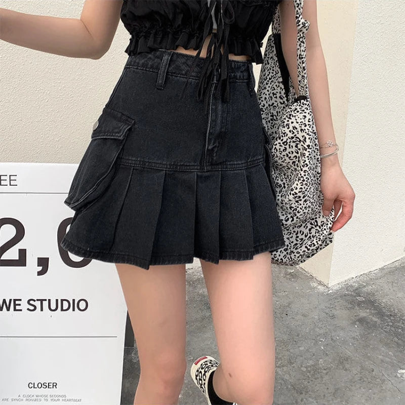 qgtao Vintage Pleated Denim Skirt Women Black Sexy Y2K Mini Skirts Retro Gothic Casual Patchwork Streetwear A-line Jean Skirt