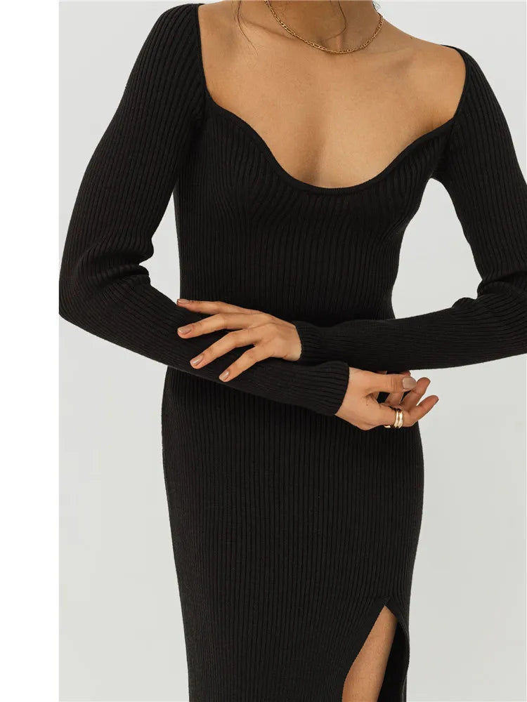 qgtao Square Collar Elegant Ribbed Knitting Slit Dress for Women Autumn Winter Fashion Outfits Sexy Midi Dresses Clothes