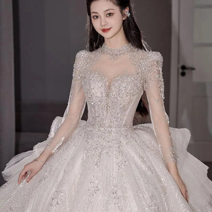qgtao Lace Beading Wedding Dresses For Women 2024 Spring Princesss Vintage High Neck Long Sleeves Bridal Ball Gown